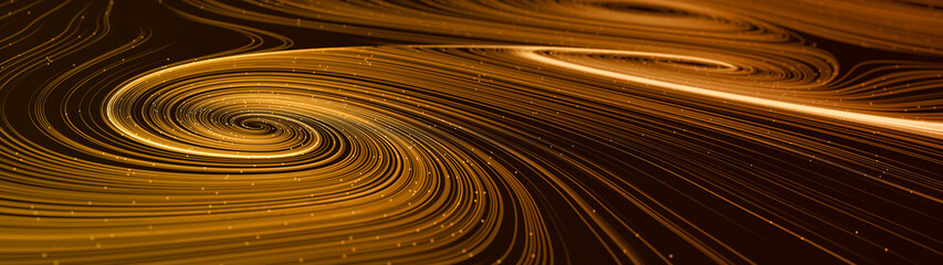 Poster - Abstract modern ultra wide background with smooth swirl lines creating vortex structures in a complex data stream. 3D rendering.