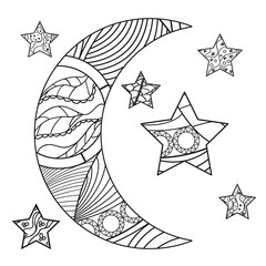 Wall Mural - Moon and star with abstract patterns on isolation background. Design for spiritual relaxation for adults. Line art. Black and white illustration for anti stress colouring page. Print for t-shirts
