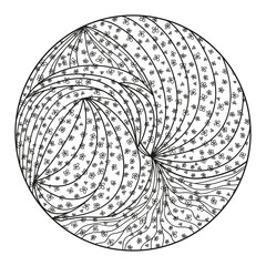 Wall Mural - Zendala. Zentangle. Hand drawn circle mandala with abstract patterns on isolation background. Design for spiritual relaxation for adults. Black and white illustration for coloring. Line art creation.