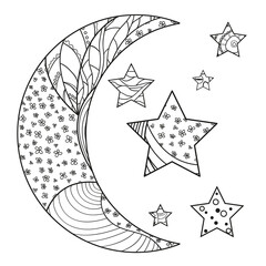 Wall Mural - Moon and star with abstract patterns on isolation background. Design for spiritual relaxation for adults. Line art. Black and white illustration for anti stress colouring page. Print for t-shirts