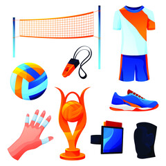 Wall Mural - Valleyball equipment or sportgame accessories set. Vector icons of ball and net, knee pads, finger tape, whistle, gold cup, runners shoes, sportwear or jersey uniform. Sport or leisure activity icons.