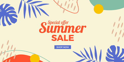 Wall Mural - Summer sale offer discount promotion banner with leaves abstract memphis frame