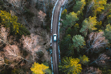 Aerial Top Down View Of Silver Car Driving In Off-road Way In The Forest Near Kaunas, Lithuania.