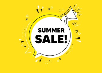 Summer Sale. Megaphone yellow vector banner. Special offer price sign. Advertising Discounts symbol. Thought speech bubble with quotes. Summer sale chat think megaphone message. Vector