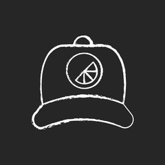 Poster - Branded cap chalk white icon on black background. Stylish soft and flat headgear. Creating unique accessories for everyday usage. Modern looking clothes. Isolated vector chalkboard illustration