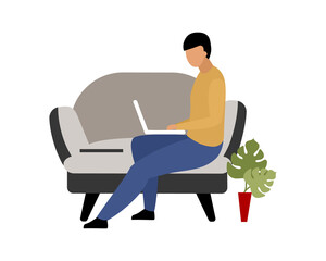 Poster - Man working remotely at home flat color vector faceless character. Remote employee. Traditional office environment alternative isolated cartoon illustration for web graphic design and animation