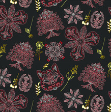 Seamless Floral Red And Gold Pattern With Cat Mask On The Grey Background