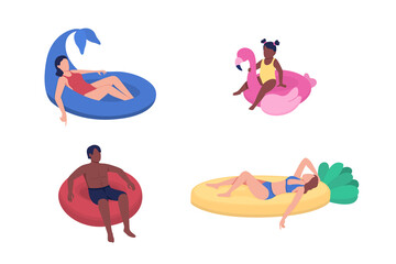 Poster - Youngsters floating in inflatable floats flat color vector faceless characters set. Relaxing in swimming pool isolated cartoon illustrations collection for web graphic design and animation