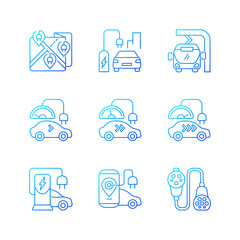 Sticker - Electric vehicle charging gradient linear vector icons set. Ecological way to travel for tourists. Charging ports. Thin line contour symbols bundle. Isolated vector outline illustrations collection