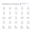 Back and posture problems linear icons set. Spinal abnormalities. Maintaining natural alignment. Customizable thin line contour symbols. Isolated vector outline illustrations. Editable stroke