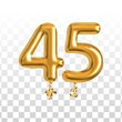 Vector realistic isolated golden balloon number of 45 for invitation decoration on the transparent background.