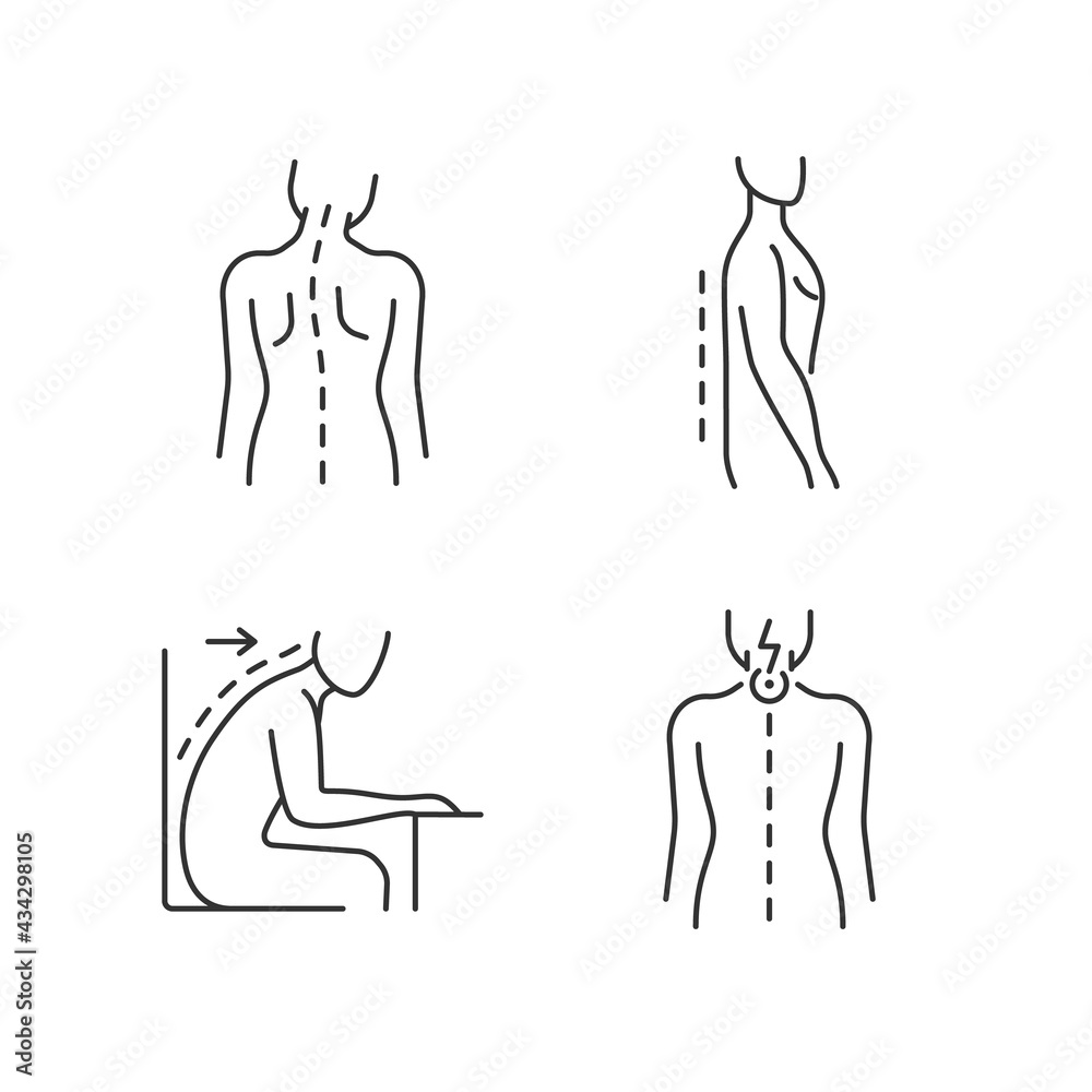 Bad posture problems linear icons set. Head tilt. Flatback syndrome ...