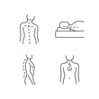 Postural dysfunction linear icons set. Head tilt. Incorrect sleeping position. Normal spinal anatomy. Customizable thin line contour symbols. Isolated vector outline illustrations. Editable stroke