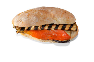 Poster - Sandwich with grilled red pepper and grilled eggplant slices isolated on white, copy space