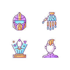 Wall Mural - Human body cyberpunk augmentations RGB color icons set. Bionic limb. Hologram, sci fi game. Futuristic helmet, technology. Science fiction genre items. Isolated vector illustrations