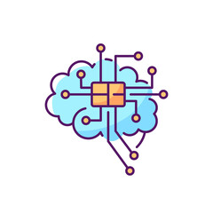 Sticker - Brain microcircuit RGB color icon. Innovative technology. Machine learning. Artificial intelligence. Brain with integrated processor. Futuristic human body augmentation. Isolated vector illustration