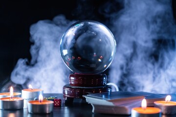 Magician or fortune teller is predicting future with crystal sphere.