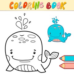 Coloring book or page for kids. whale black and white