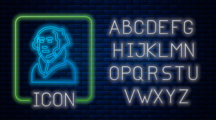 Wall Mural - Glowing neon George Washington icon isolated on brick wall background. Neon light alphabet. Vector