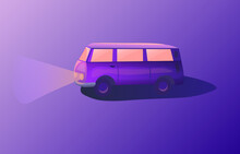 Purple Hippy Van In A Magic Moonlight. Misterious And Magic. 
