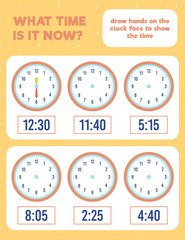 What time is it? Draw hands on the clock face. Time worksheet practice print page.