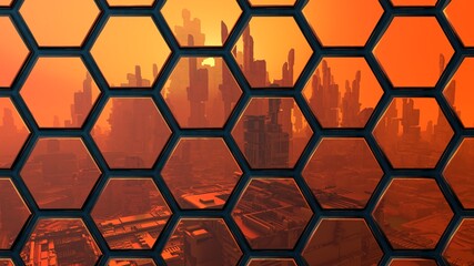 Wall Mural - Science fiction architectural detail with city landscape reflections. Modern hexagon building facade. Futuristic cityscape silhouette. Manhattan skyline in future. 3D rendering