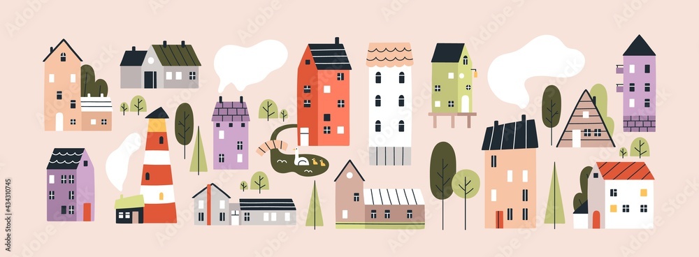 Set of isolated cute tiny houses, small buildings and trees in Scandinavian style. Trendy urban and village homes with windows, roof tiles and chimneys with smoke. Colored flat vector illustration - obrazy, fototapety, plakaty 
