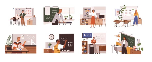 Poster - Set of school teachers standing at blackboards and whiteboards in classroom. Lecturers teaching in class. Professors at chalkboards. Colored flat vector illustration isolated on white background