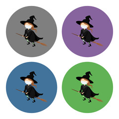 Wall Mural - Witch in medical mask flying on broom. Icon set. Vector illustration.