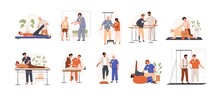 Therapists Helping Patients During Physio Therapy And Rehabilitation Set. Physiotherapy Treatment For People With Physical Disabilities. Flat Graphic Vector Illustration Isolated On White Background