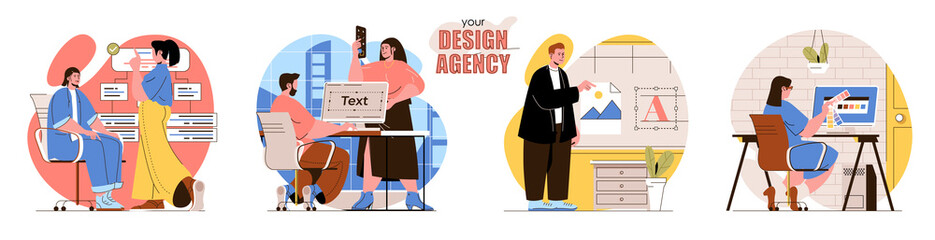 Your Design Agency concept scenes set. Designers develop interface of websites, make layout, select color palette. Collection of people activities. Vector illustration of characters in flat design