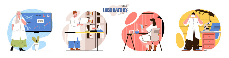 Aufkleber - Your Laboratory concept scenes set. Scientists do scientific research or experiments, making lab tests at microscope. Collection of people activities. Vector illustration of characters in flat design