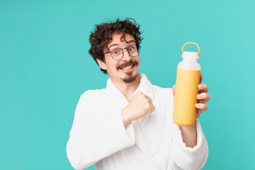 Poster - young crazy man with a coffee thermo