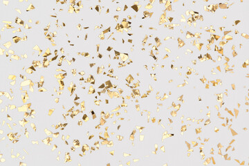 Wall Mural - gold confetti sparkles on white background, golden foil, festive backdrop.