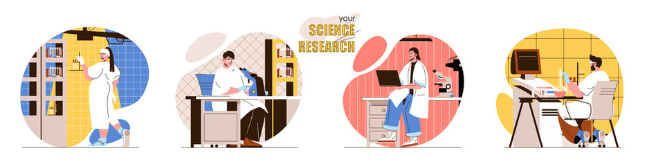 Poster - Your Science Research concept scenes set. Scientists make discoveries, make laboratory tests, scientific development. Collection of people activities. Vector illustration of characters in flat design