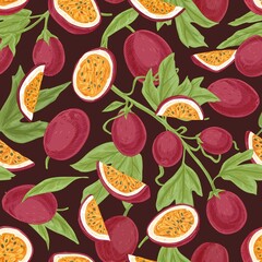 Aufkleber - Seamless tropical pattern with juicy passion fruits and leaves. Hand-drawn retro background with fresh passionfruits. repeatable texture for printing. Vector illustration of sweet maracuja pieces