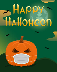 Wall Mural - Halloween card. Pumpkin in protective mask. Vector illustration.