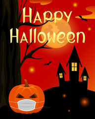 Wall Mural - Halloween card. Jack-o'-lantern in medical mask. Vector illustration.