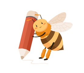 Poster - Cute happy bee with huge pencil in tiny paws, writing and drawing smth. Funny adorable honeybee. Childish colored flat cartoon vector illustration of little smiling insect isolated on white background