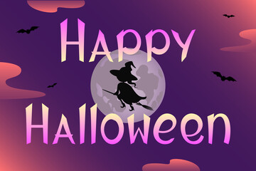 Wall Mural - Halloween card. Witch flying on broomstick. Cartoon style. Vector illustration.