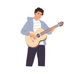 Young musician performing music on acoustic guitar. Happy guitarist standing and playing romantic melody. String instrument player. Colored flat vector illustration isolated on white background