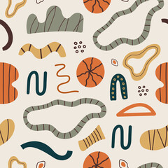 Poster - Vector seamless pattern of abstract various shapes and lines on pastel background. Trendy organic and minimalistic design for textile, banner, cover, wallpaper, fabric design