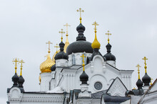 Black And Gold Domes Of White Epiphany Monastery Of St. Anastasia Cathedral. Ancient Russian Orthodox Building.  Kostroma, Golden Ring, Russia. Horizontal Orientation. 