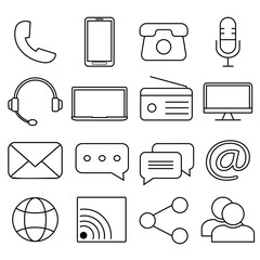 Fototapete - Simple flat vector black and white icons set on white background. Contact. Send message and receive notification. GPS and call. Different office needs icons set