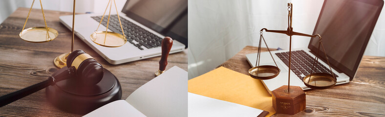 Business and lawyers discussing contract papers with brass scale on desk in office. Law, legal services, advice, justice and law concept picture with film grain effect