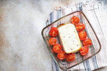 feta pasta cherry tomato second course, feta cheese, penne, fetapasta snack trend meal copy space rustic food background top view