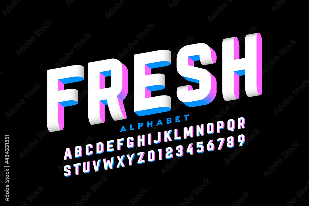 Three-dimensional style font design, 3d alphabet letters and numbers vector illustration