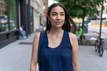 Poster - Young Latina Hispanic woman walking street smile happy face