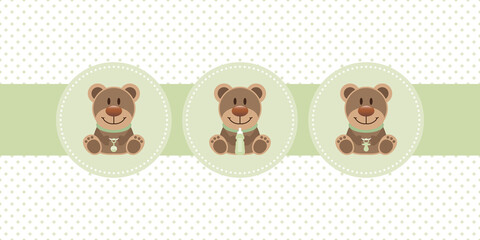 Sticker - Karte 3 Teddys Babysymbole Unisex Punkte Grün