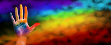 Gay Pride Concept. The Hand Is Painted With A Rainbow. Gay Pride Lgbt B Rainbow Flag